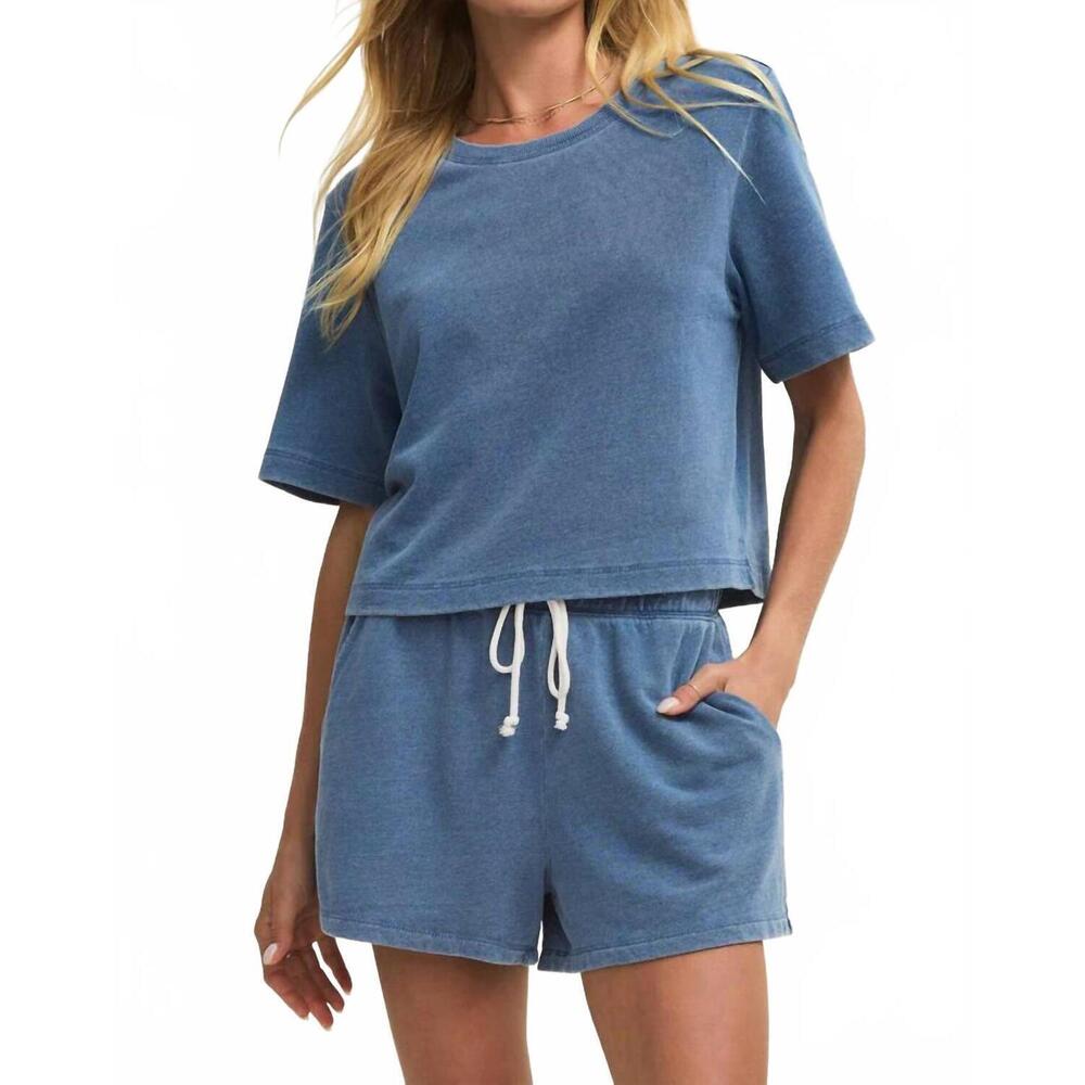 NEW Z SUPPLY curran knit denim cropped sweatshirt in calypso blue indigo